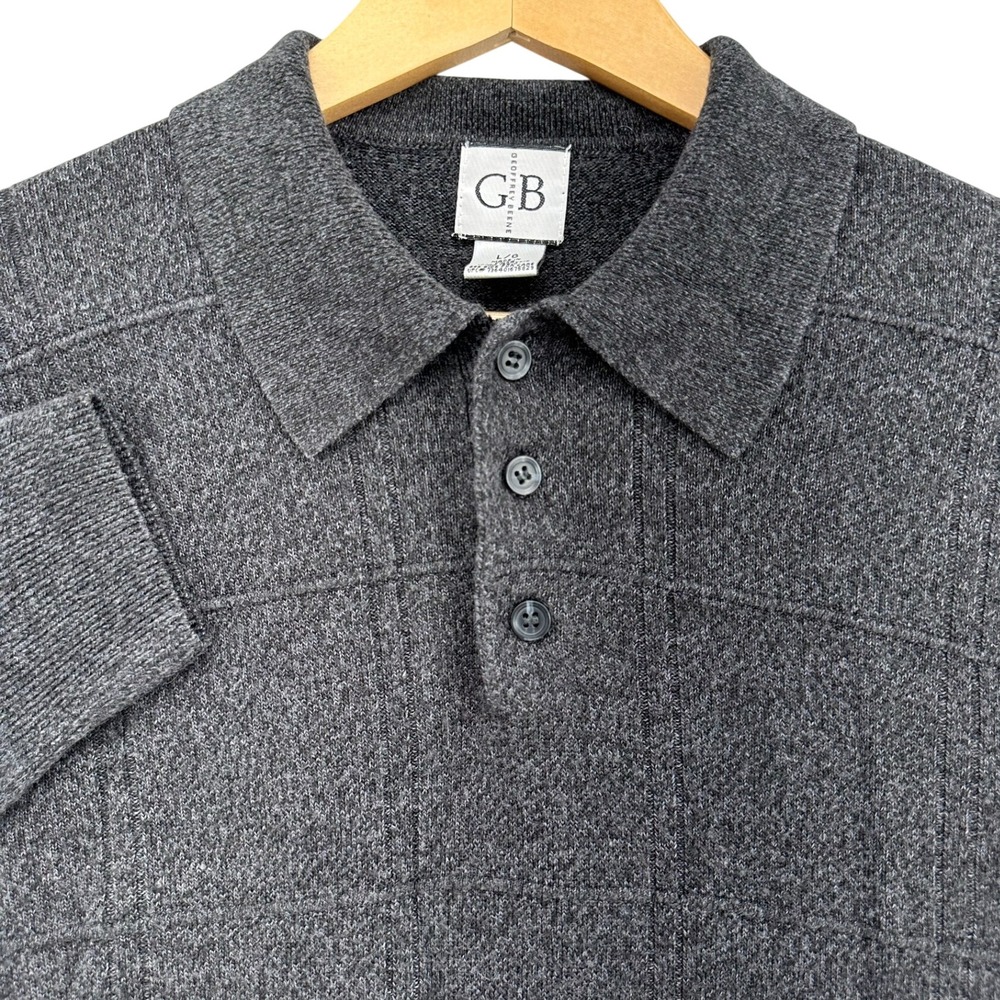 VTG Geoffrey Beene GB Dark Gray Textured Long Sleeve Henley Polo Sweater Men's L
